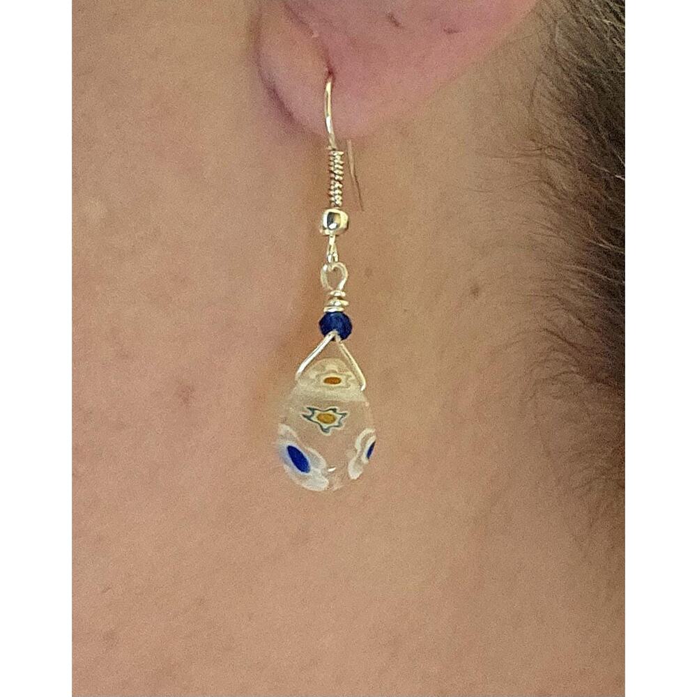 Blue White Millefiori Earrings Flowers Pear Resin Drop Hook Sterling Silver Boho